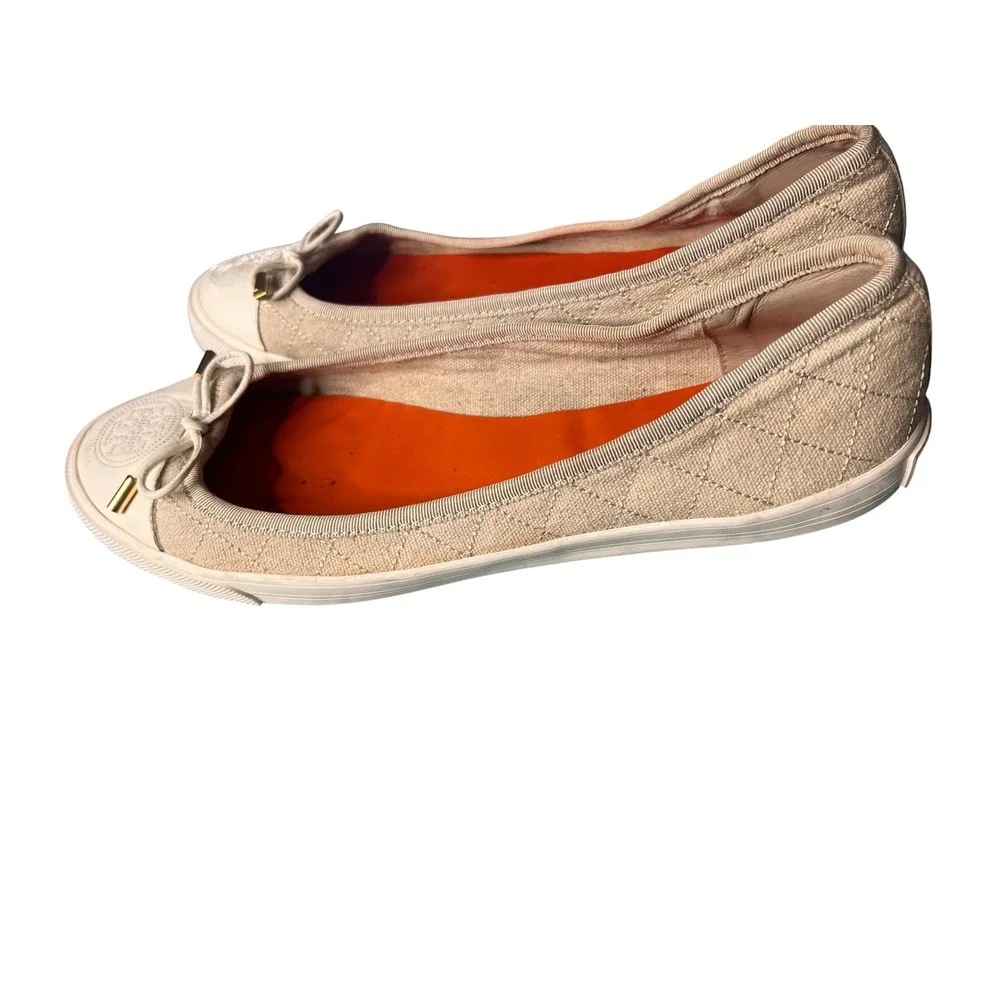 Tory Burch Quinn Quilted Canvas Ballet Flats Cream Beige Logo Toe Bow Shoes